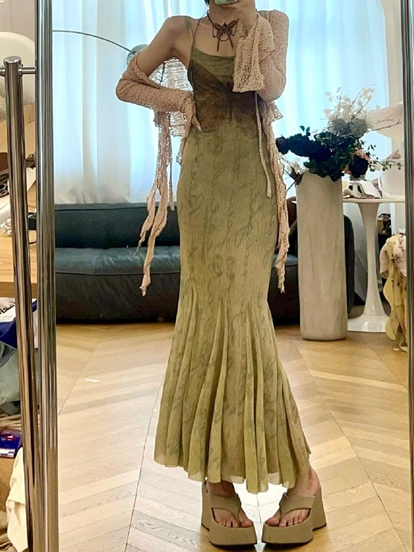 MERMAID DRESS WITH LACE SHAWL GREEN FLORAL Y2K BUTTERFLY