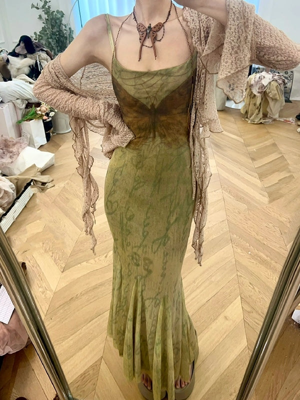 MERMAID DRESS WITH LACE SHAWL GREEN FLORAL Y2K BUTTERFLY