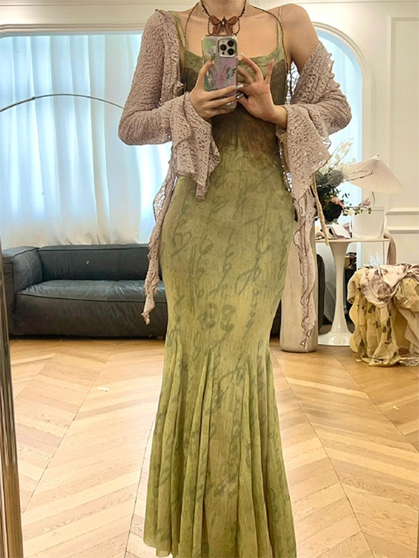MERMAID DRESS WITH LACE SHAWL GREEN FLORAL Y2K BUTTERFLY