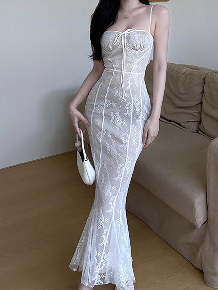 MERMAID MAXI DRESS - WHITE LACE SLIM FIT CASUAL VINTAGE STYLE
