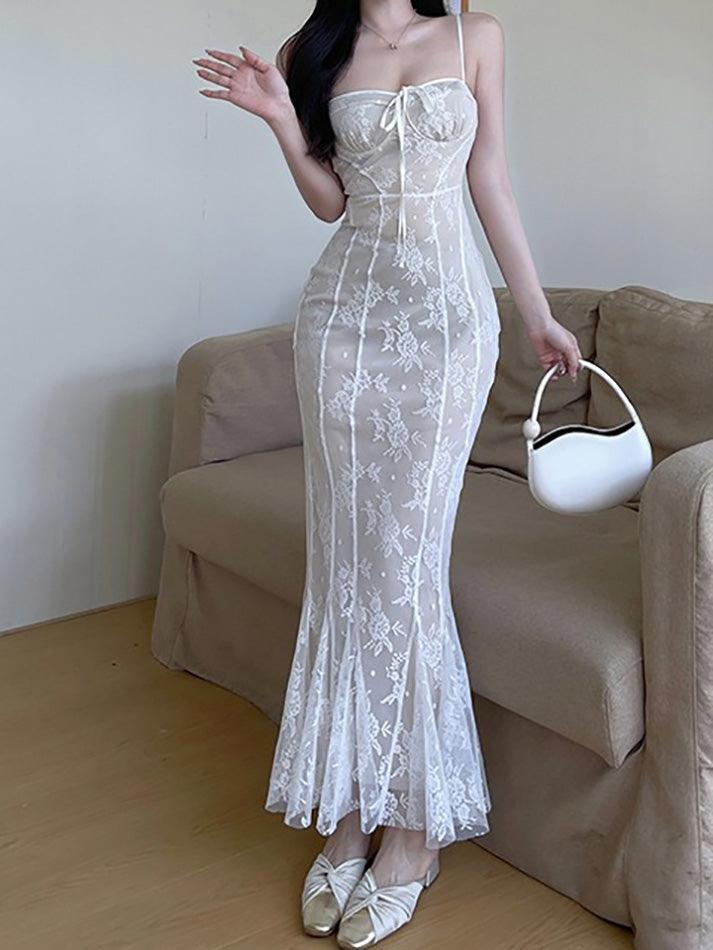 MERMAID MAXI DRESS - WHITE LACE SLIM FIT CASUAL VINTAGE STYLE