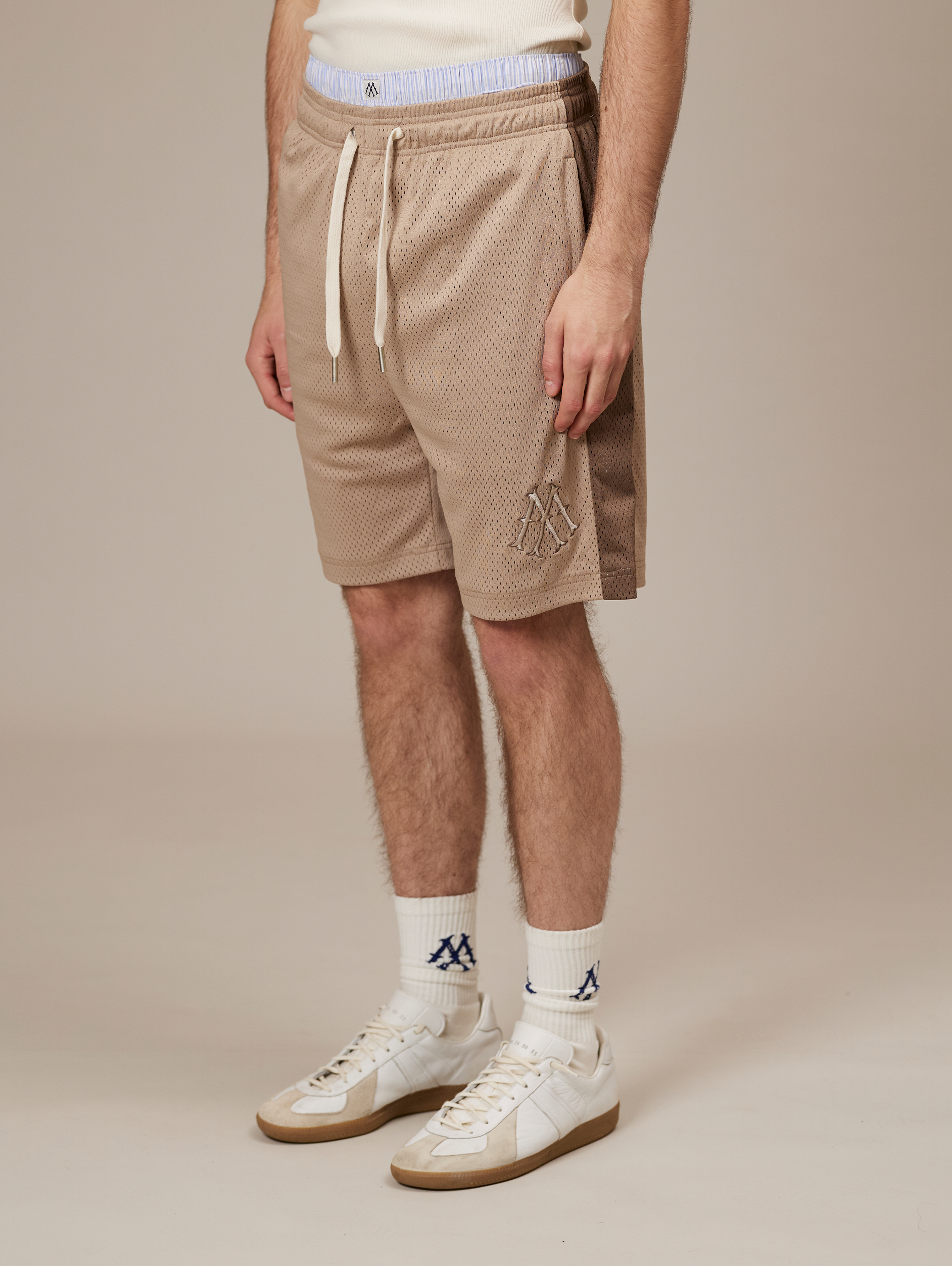 MESH SHORTS TAN AND BROWN LIGHT BROWN STRIPE LUXURY STREETWEAR