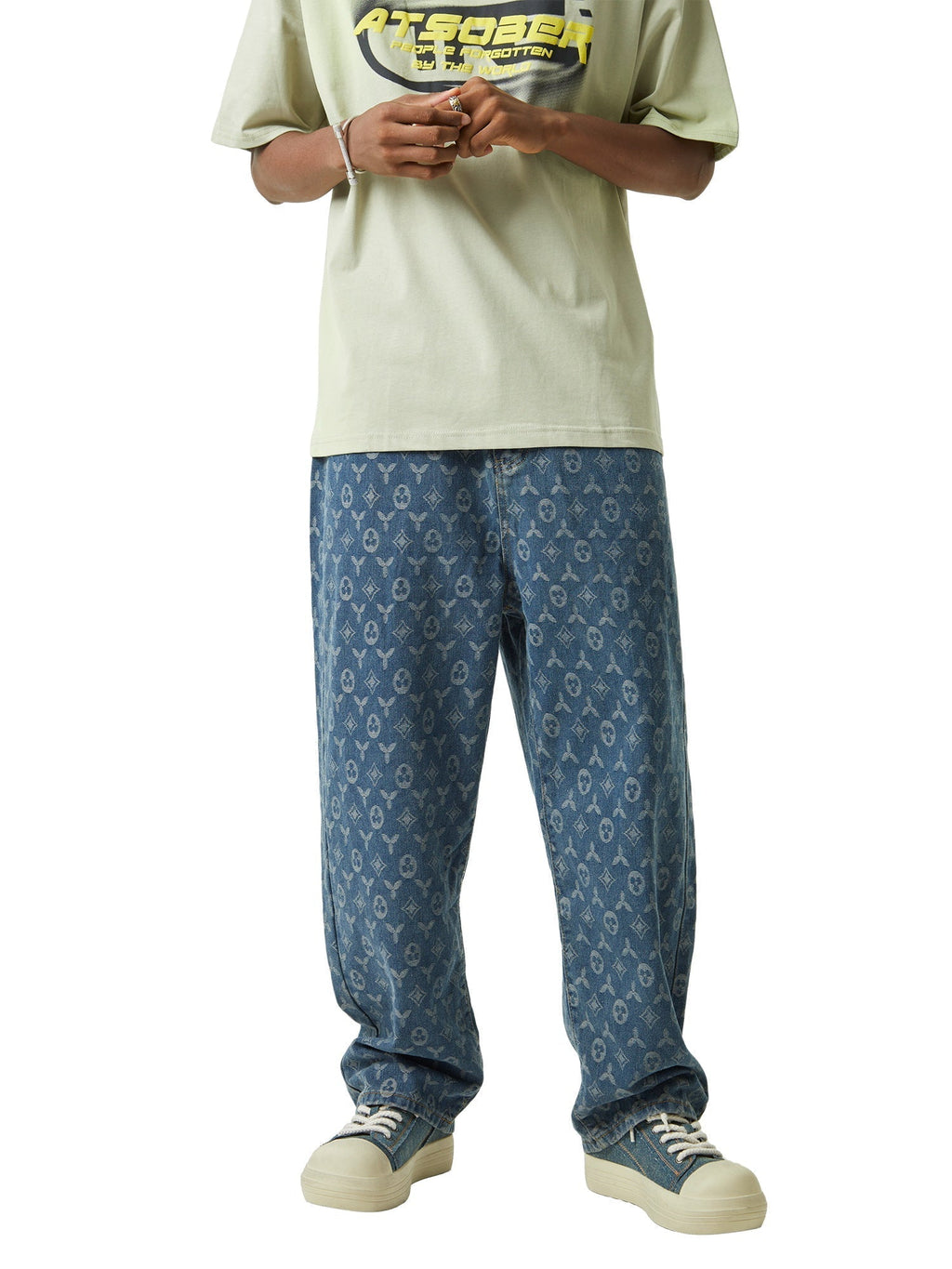 MID WAIST BLUE PATTERNED DENIM JEANS FOR HIP HOP STYLE