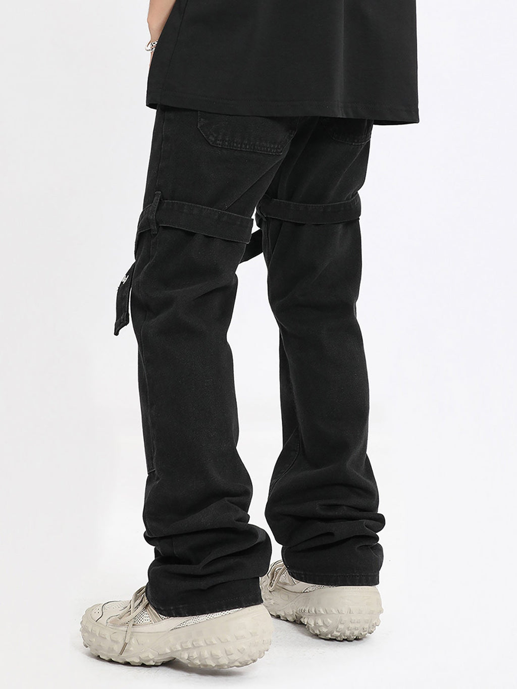 MID WAIST DENIM PANTS WITH STRAPS - BLACK MID WAIST DENIM
