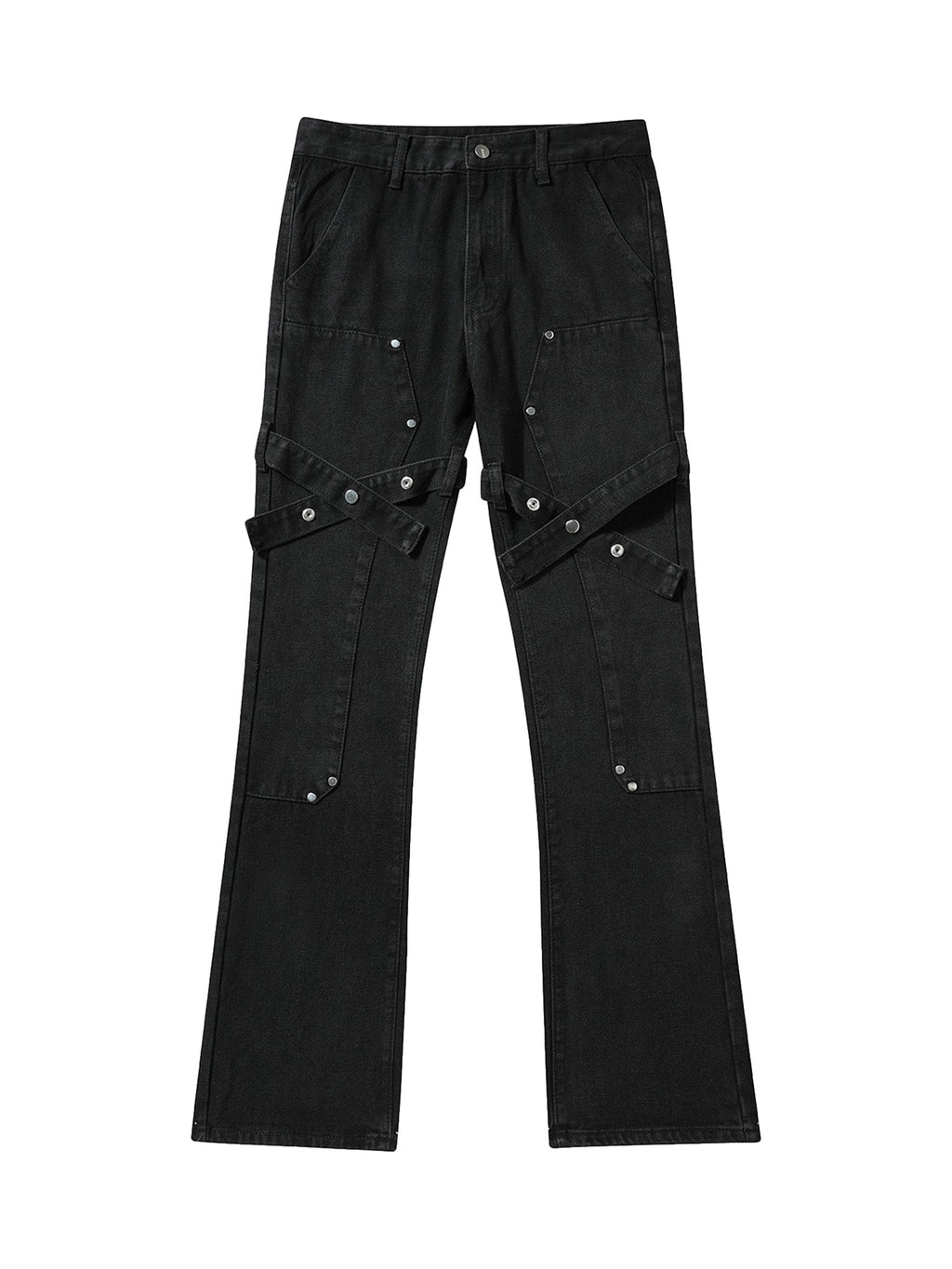 MID WAIST DENIM PANTS WITH STRAPS - BLACK MID WAIST DENIM
