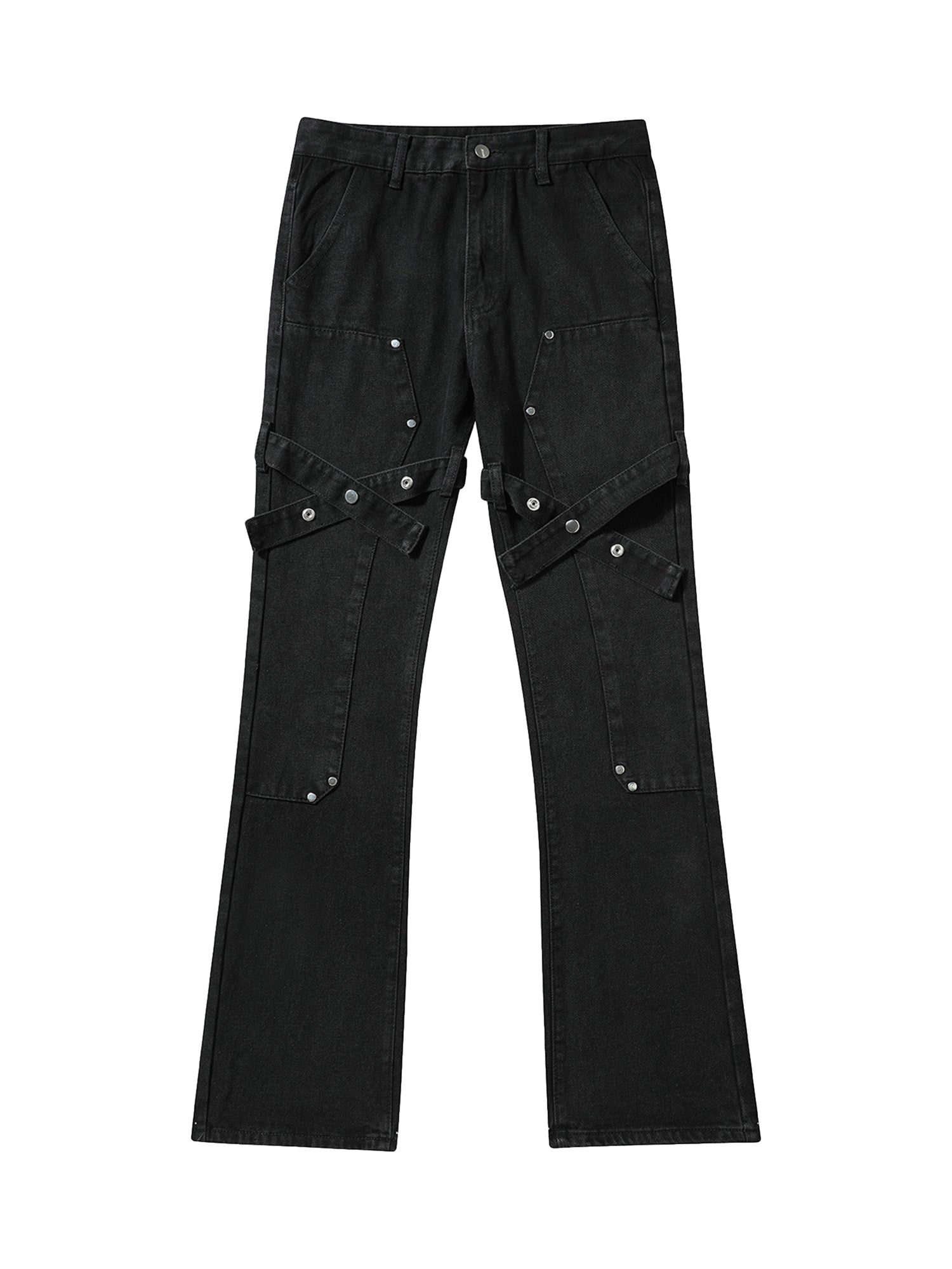 MID WAIST DENIM PANTS WITH STRAPS - BLACK MID WAIST DENIM