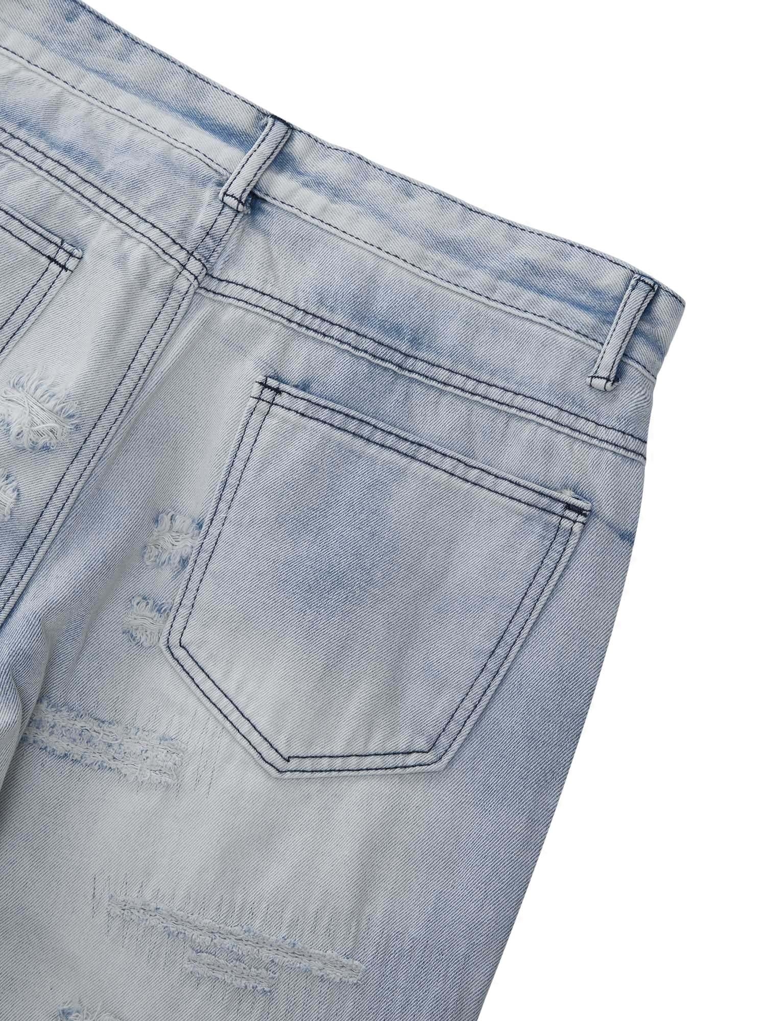 MID WAIST RIPPED LIGHT BLUE JEANS LONG PANTS COTTON BLEND