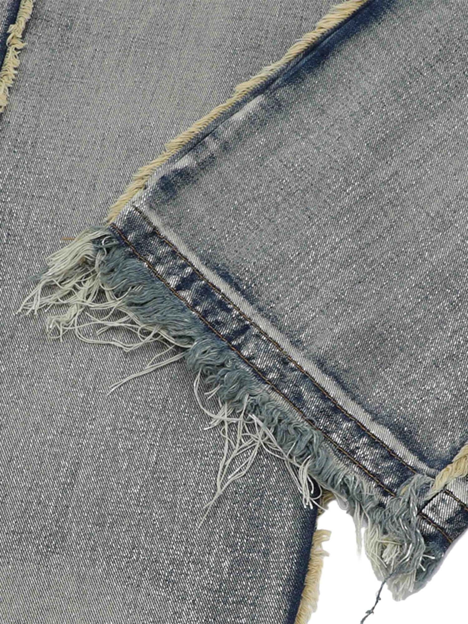 DISTRESSED GRAY DENIM CARGO PANTS MID WAIST STRAIGHT LEG COTTON BLEND