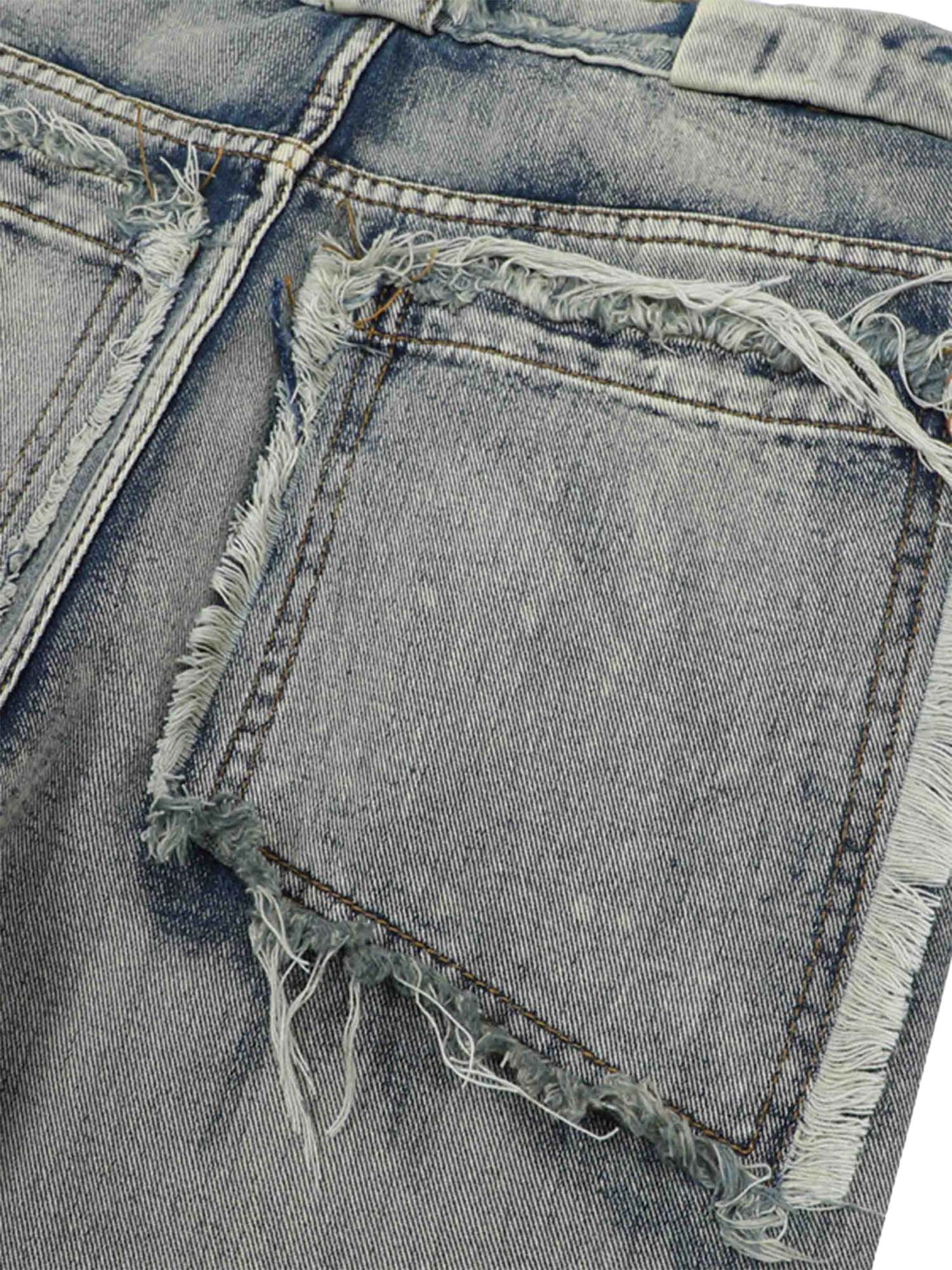 DISTRESSED GRAY DENIM CARGO PANTS MID WAIST STRAIGHT LEG COTTON BLEND