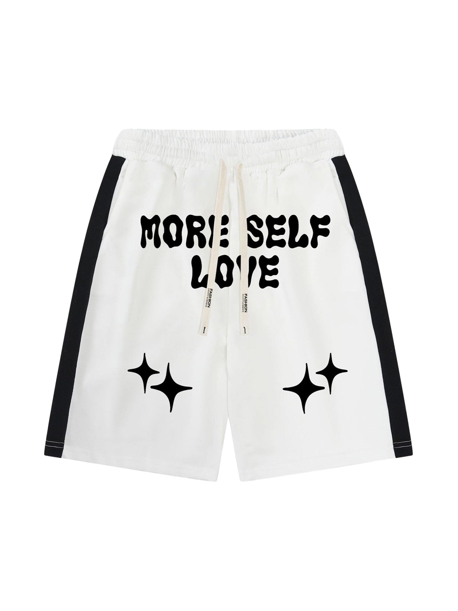 MID WAIST WHITE SHORTS WITH BLACK SIDE STRIPES - TRENDY CASUAL