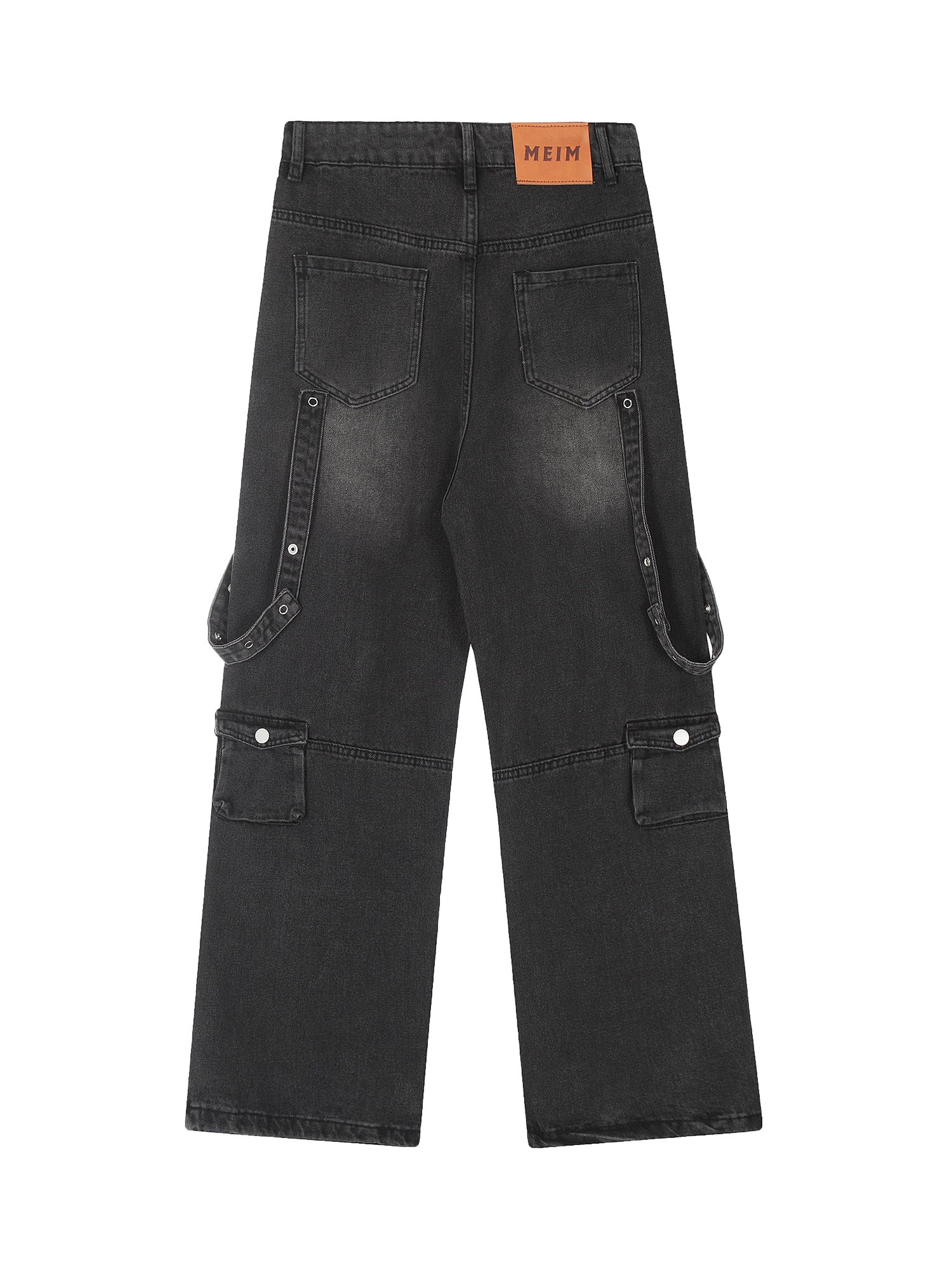 MID WAIST WIDE LEG BLACK DENIM CARGO PANTS