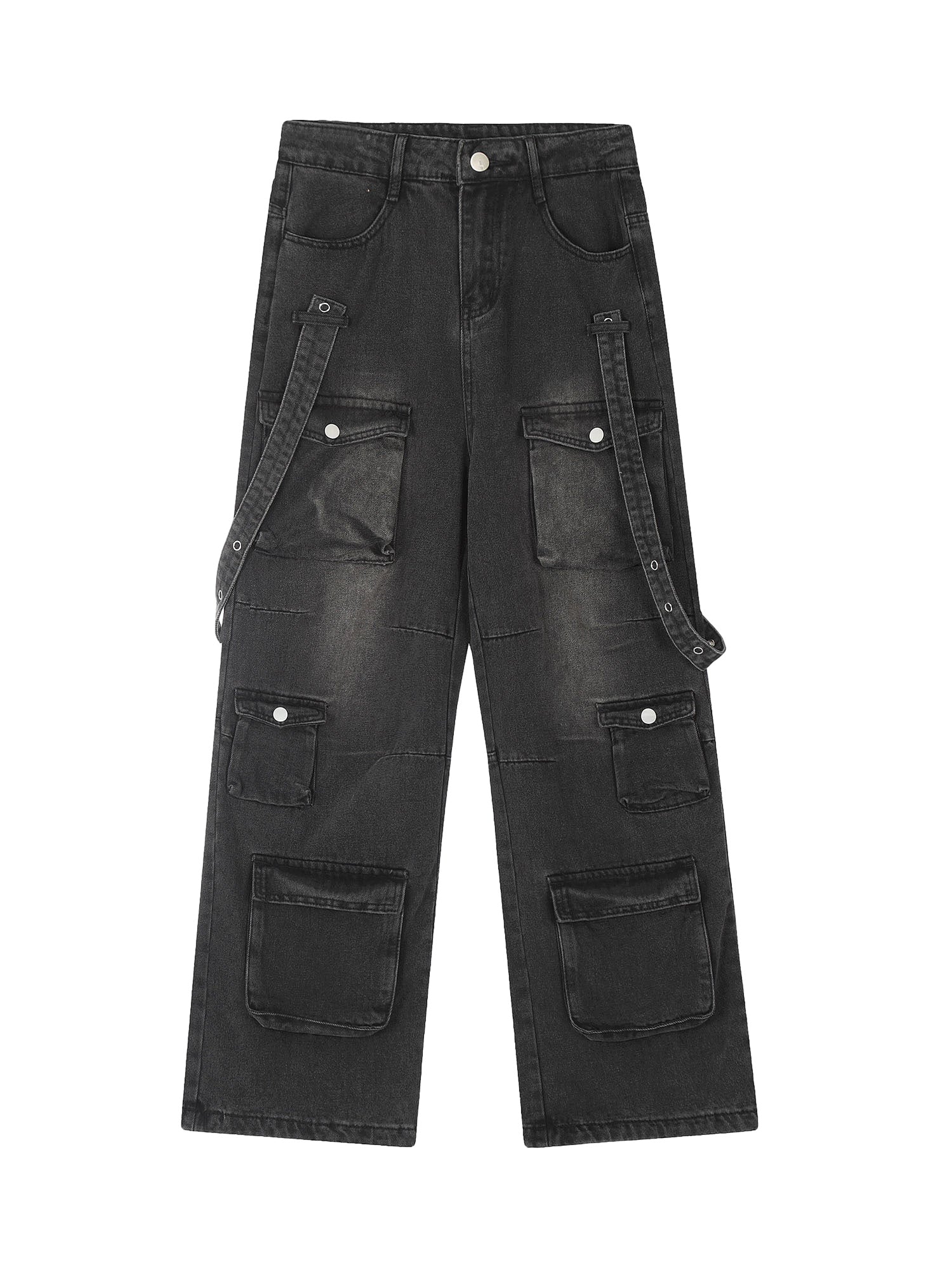 MID WAIST WIDE LEG BLACK DENIM CARGO PANTS