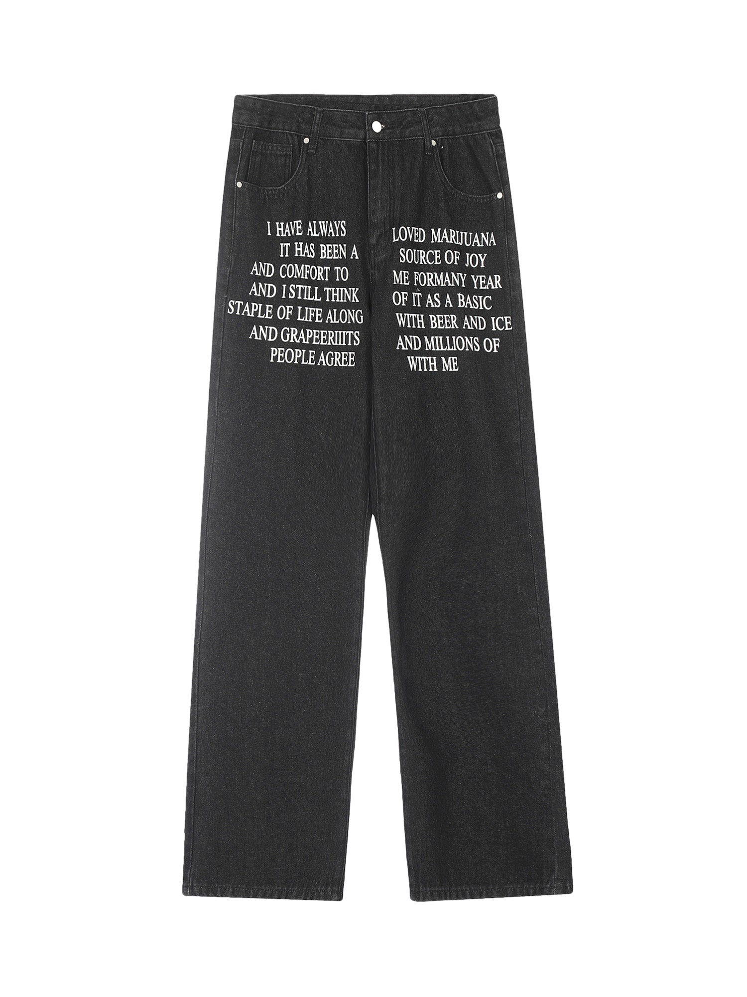 MID WAIST WIDE LEG BLACK JEANS WITH WHITE TEXT