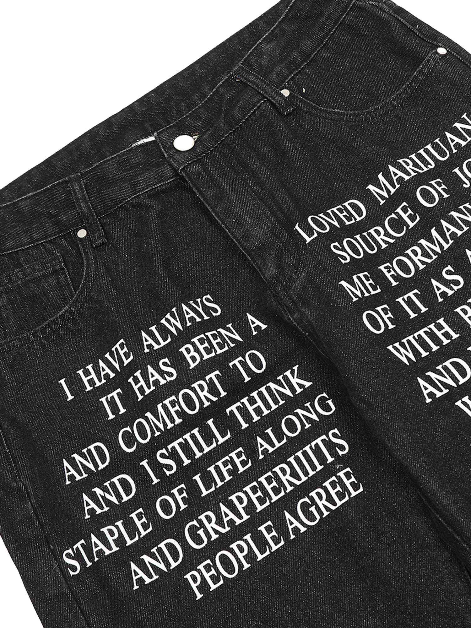 MID WAIST WIDE LEG BLACK JEANS WITH WHITE TEXT