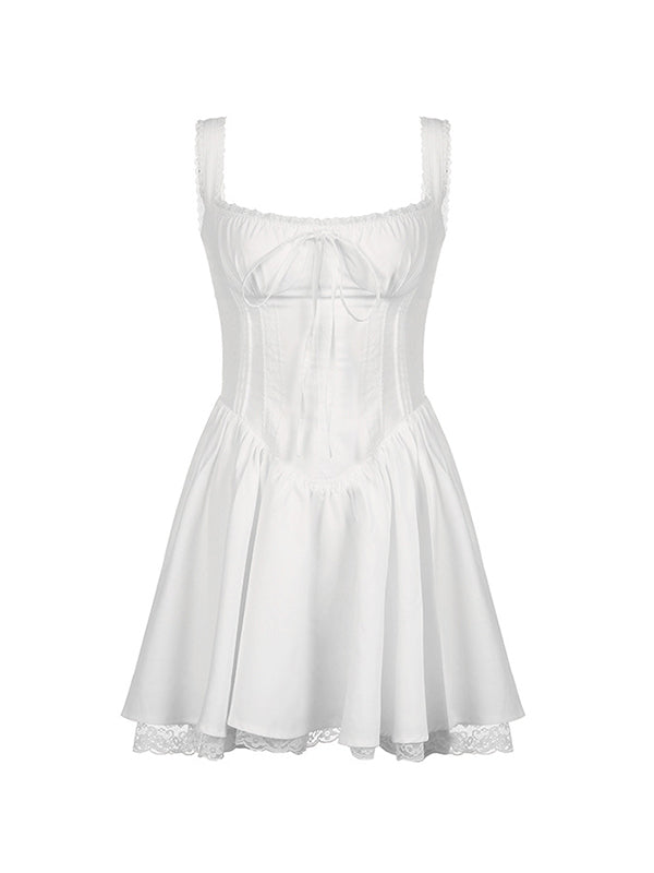 MINI DRESS - ELEGANT WHITE FRENCH SWEET LACE TRIMMED DESIGN