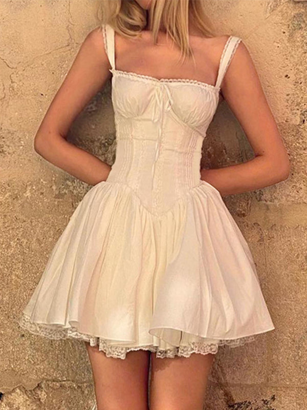 MINI DRESS - ELEGANT WHITE FRENCH SWEET LACE TRIMMED DESIGN