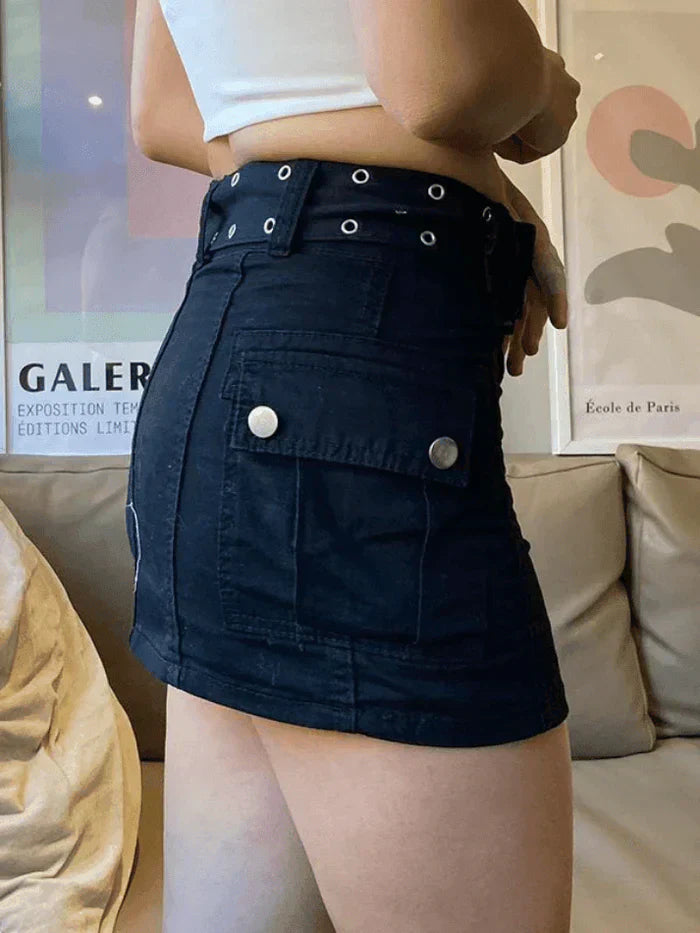 MINI SKIRT WITH BUCKLE BELT - BLACK DENIM CARGO MINI