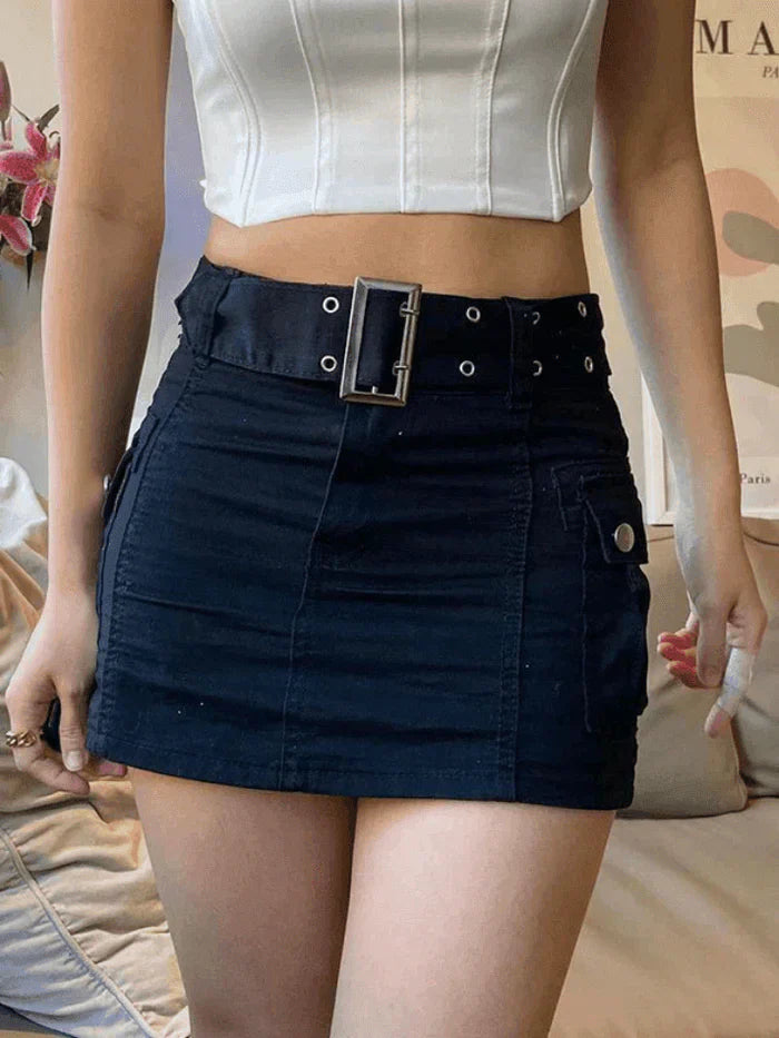 MINI SKIRT WITH BUCKLE BELT - BLACK DENIM CARGO MINI