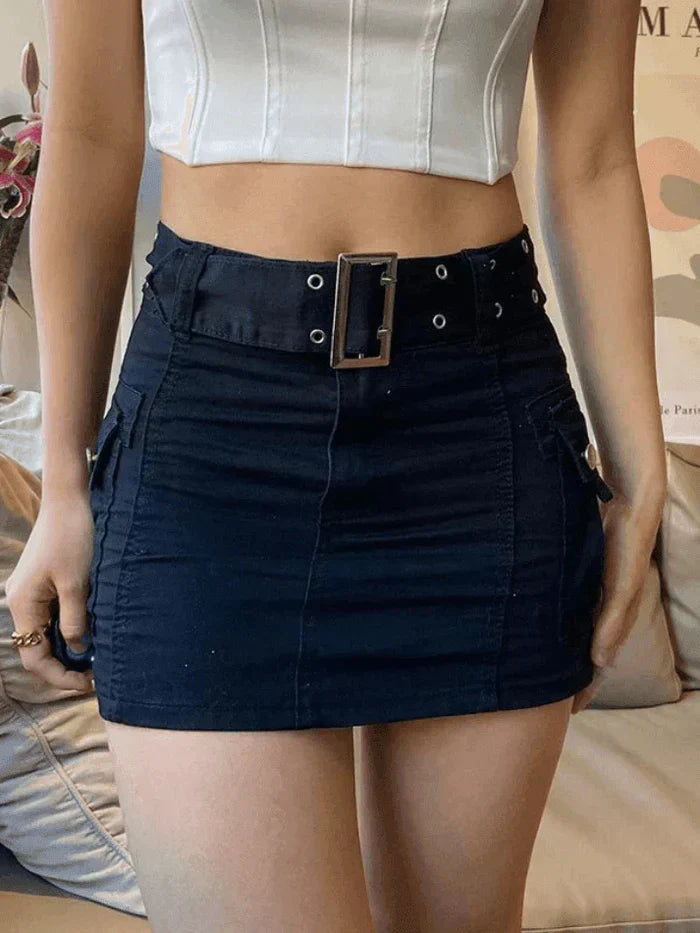 MINI SKIRT WITH BUCKLE BELT - BLACK DENIM CARGO MINI