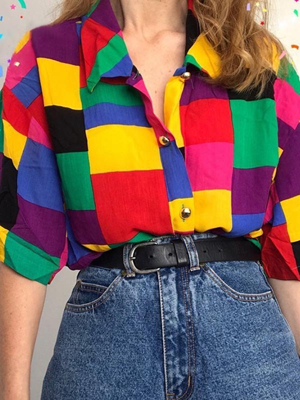 MULTI-COLORED PLAID BLOUSE WITH SHORT SLEEVES AND LOOSE FIT