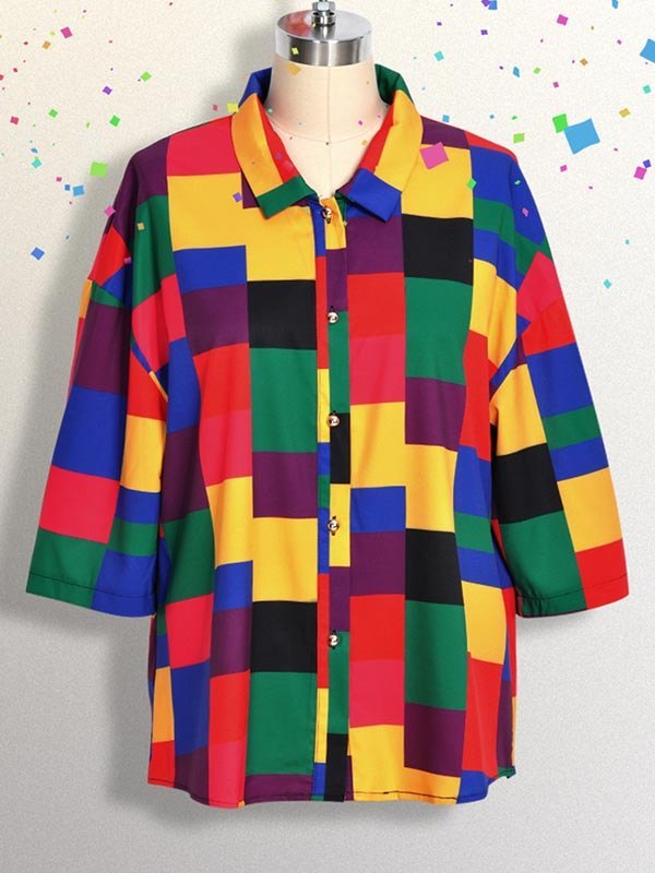 MULTI-COLORED PLAID BLOUSE WITH SHORT SLEEVES AND LOOSE FIT