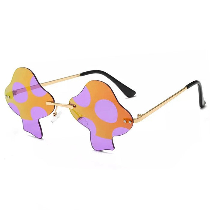 MUSHROOM-SHAPED SUNGLASSES WITH RED LENSES AND PURPLE POLKA DOTS