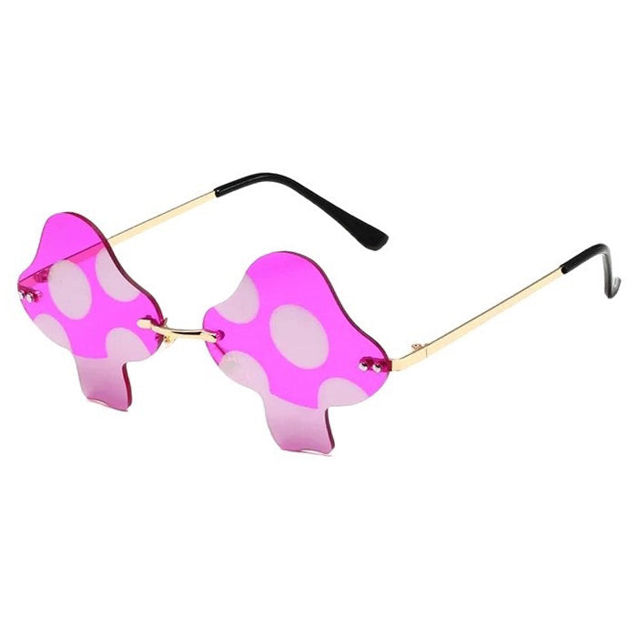 MUSHROOM-SHAPED SUNGLASSES WITH RED LENSES AND PURPLE POLKA DOTS