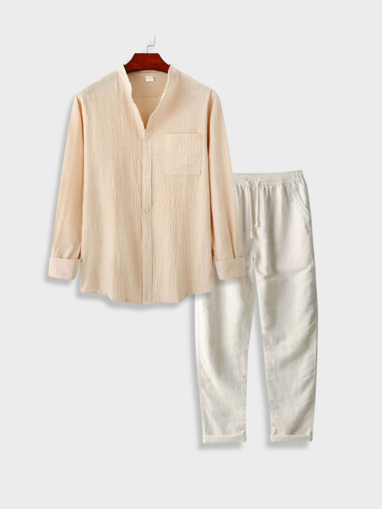 MUSTARD SHIRT AND WHITE PANTS SET COTON SHIRT LINEN COTON PANTS