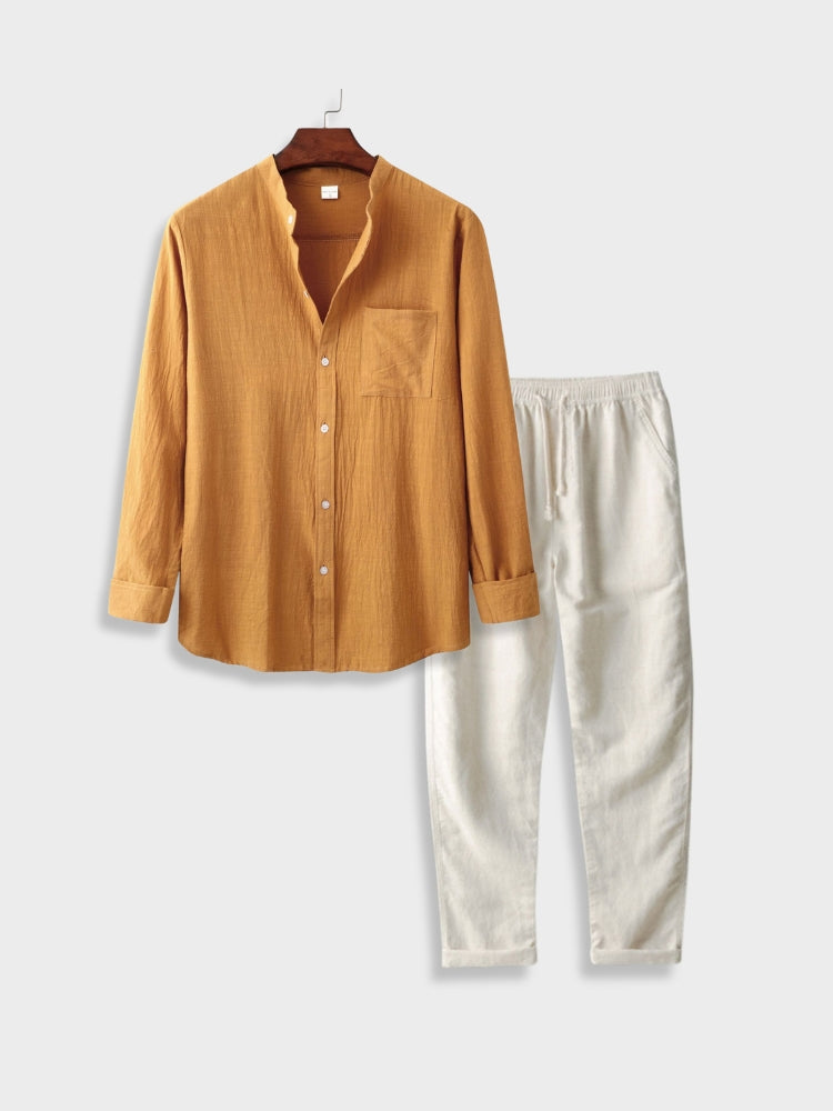 MUSTARD SHIRT AND WHITE PANTS SET COTON SHIRT LINEN COTON PANTS