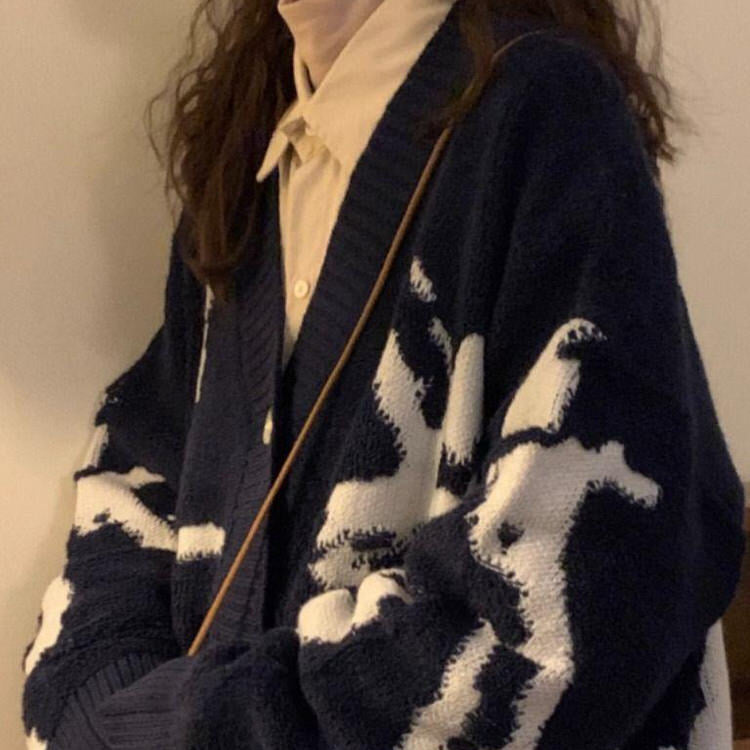 NAVY AND WHITE PATTERNED CARDIGAN FOR WOMEN