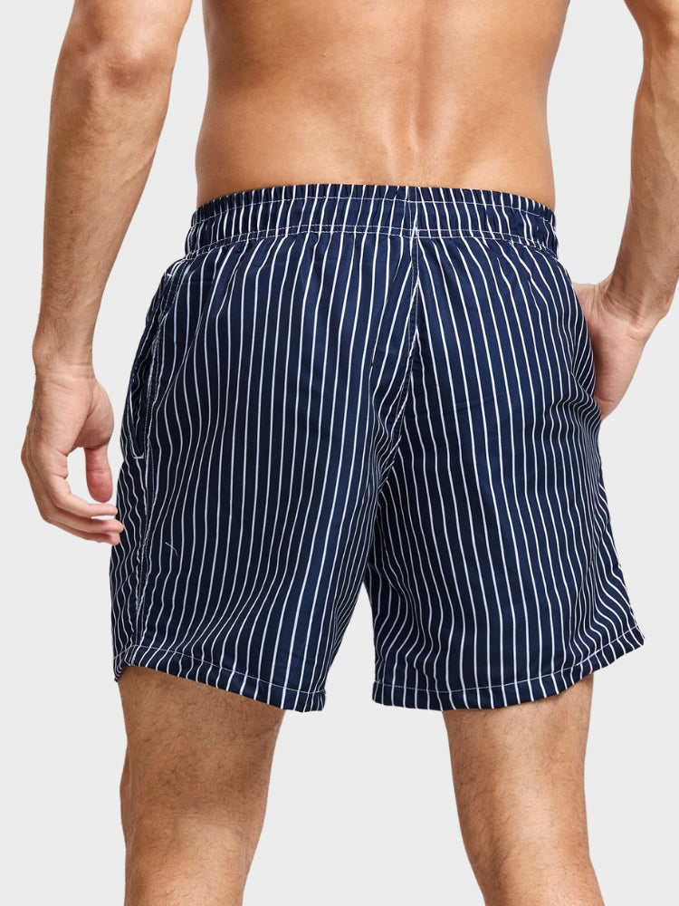 NAVY AND WHITE STRIPED SWIM TRUNKS COMFORTABLE FIT RECOMMENDED
