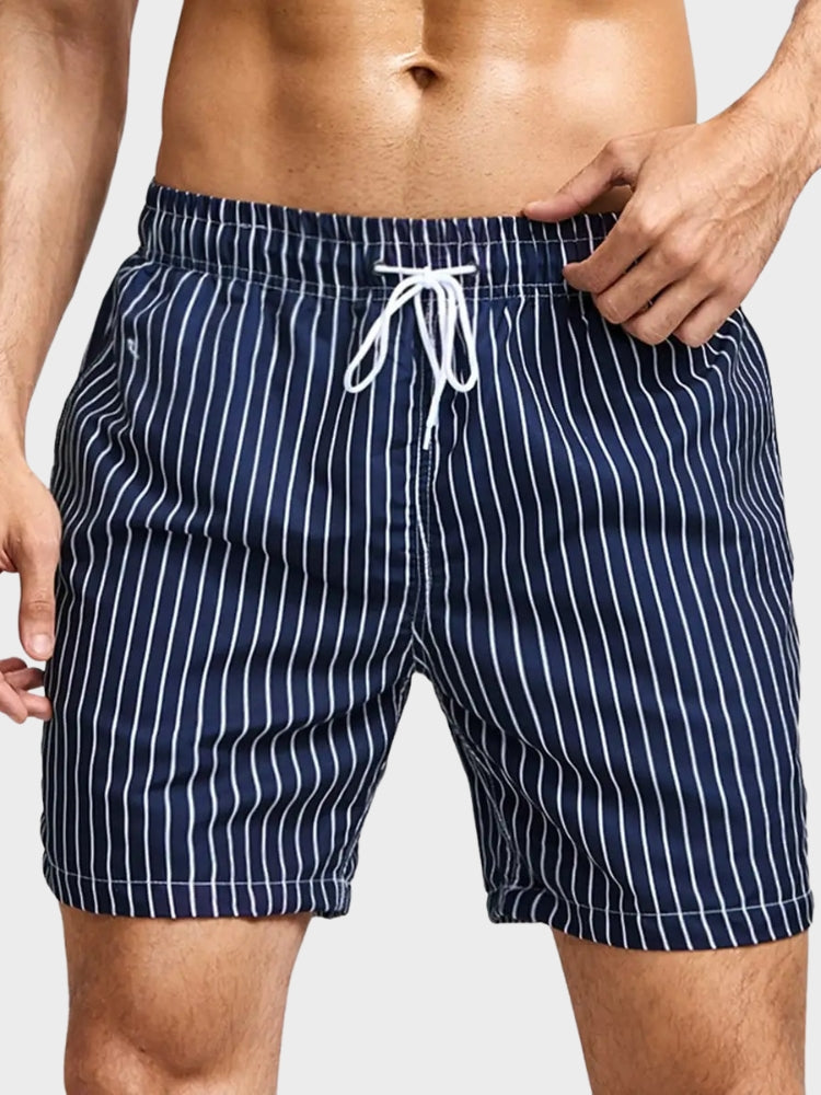 NAVY AND WHITE STRIPED SWIM TRUNKS COMFORTABLE FIT RECOMMENDED