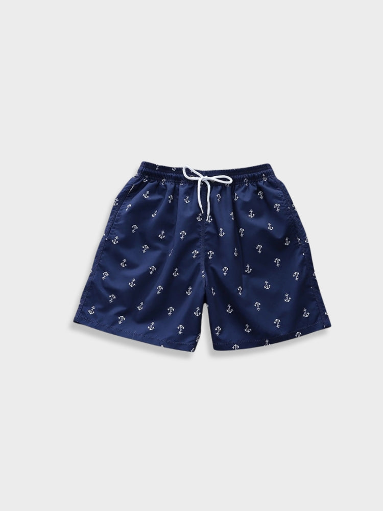 NAVY BLUE ANCHOR-PATTERNED SWIM TRUNKS WITH COMFORTABLE STRETCH FIT