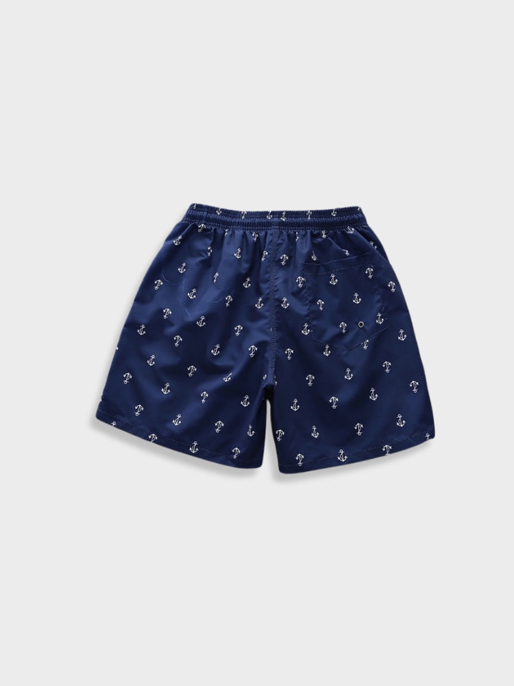 NAVY BLUE ANCHOR-PATTERNED SWIM TRUNKS WITH COMFORTABLE STRETCH FIT