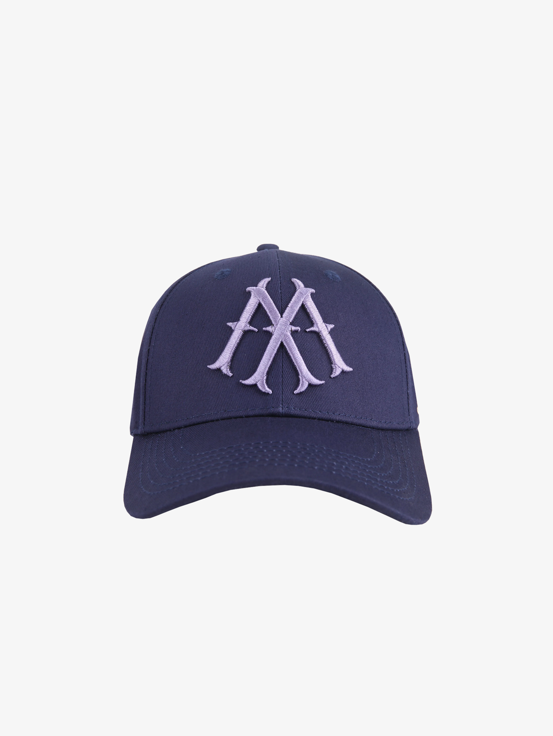 NAVY BLUE BASEBALL CAP WITH EMBROIDERED INITIALS AND LEATHER CLOSURE