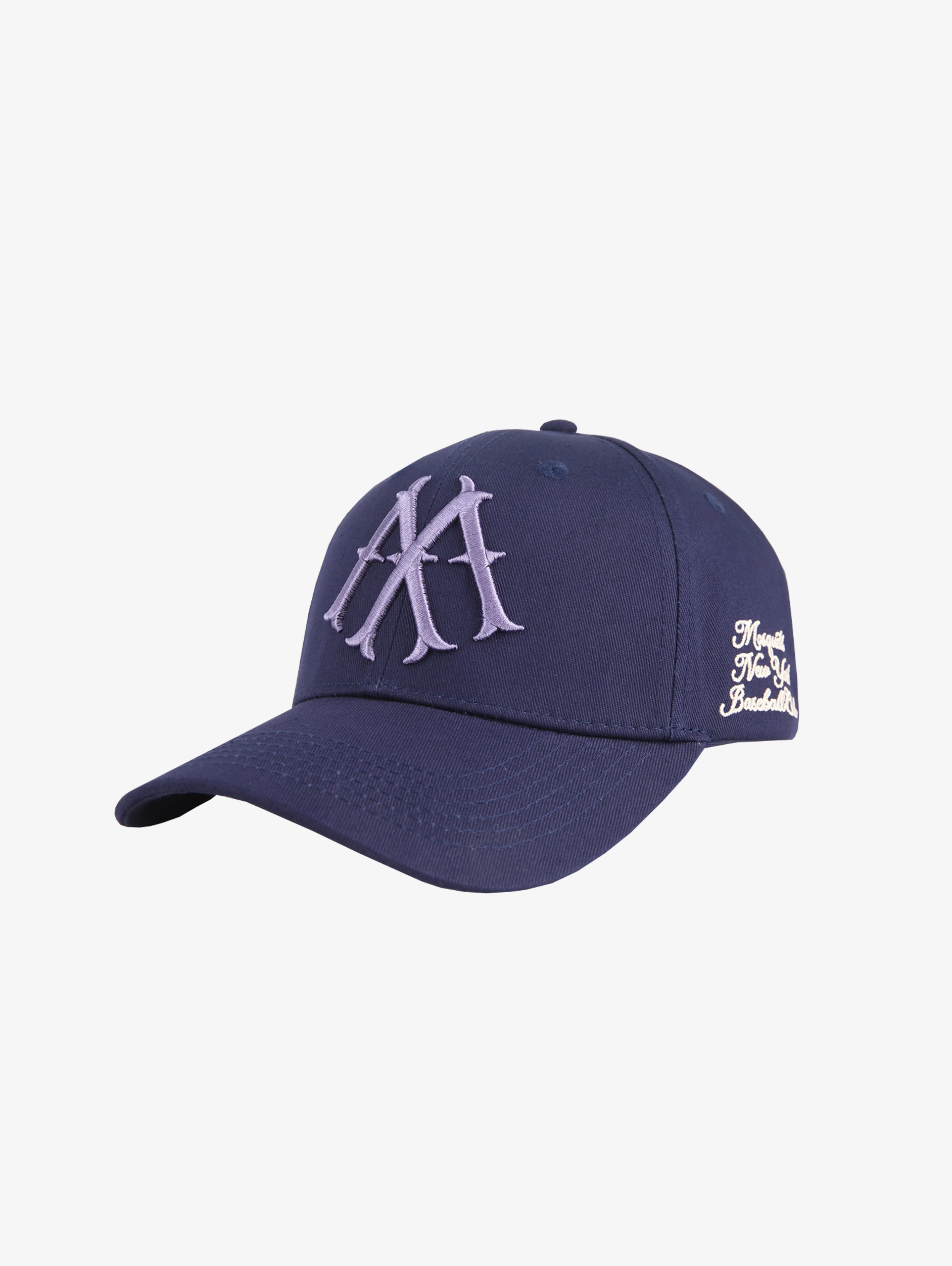 NAVY BLUE BASEBALL CAP WITH EMBROIDERED INITIALS AND LEATHER CLOSURE