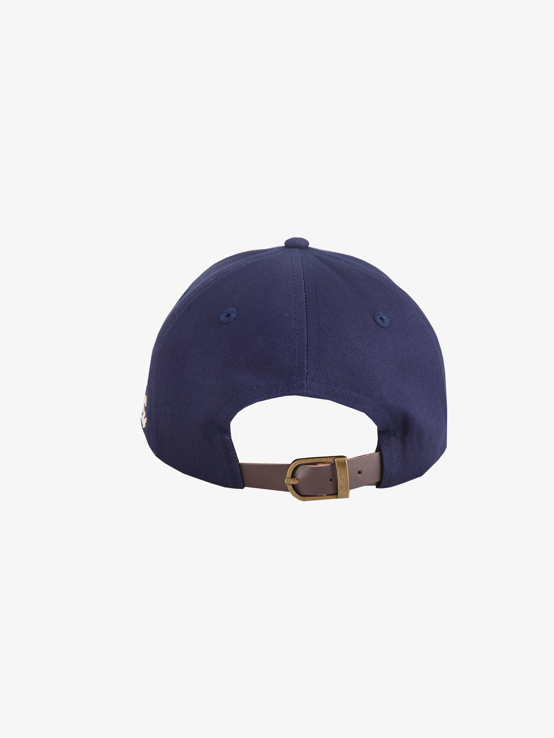 NAVY BLUE BASEBALL CAP WITH EMBROIDERED INITIALS AND LEATHER CLOSURE