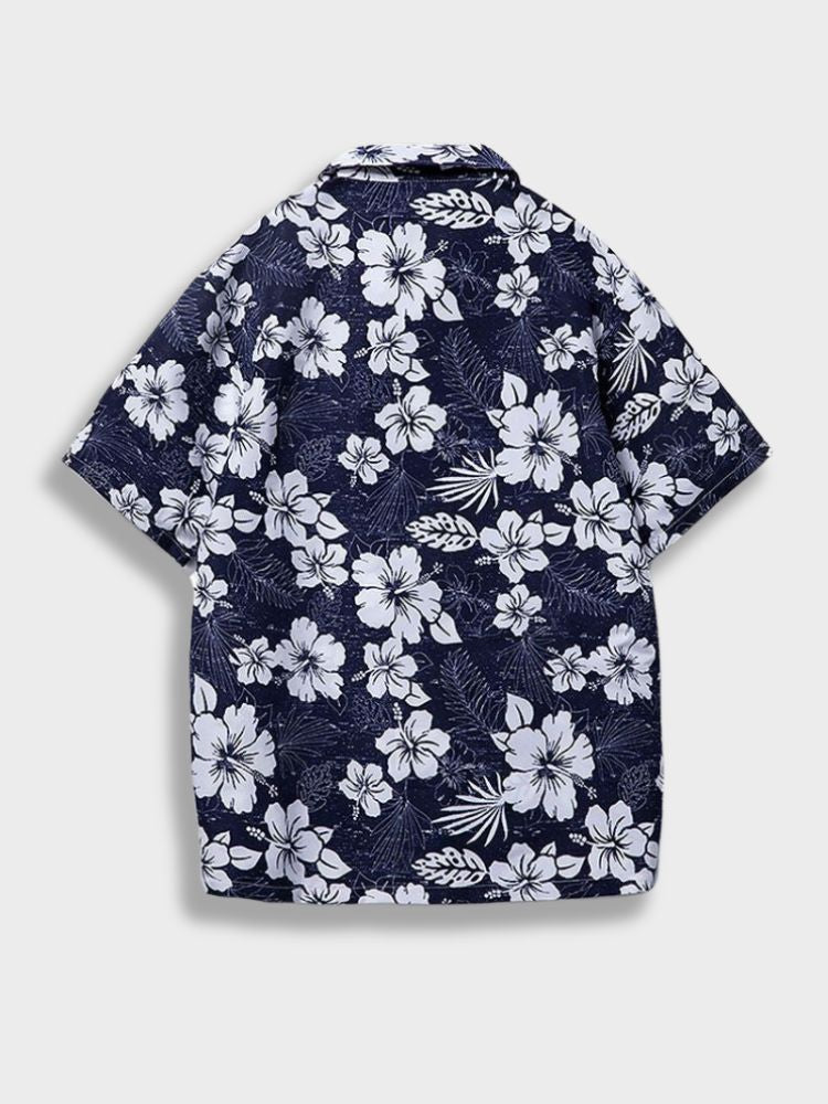 NAVY BLUE FLORAL SHORT-SLEEVE SHIRT URBAN STYLE GRAPHIC T-SHIRT
