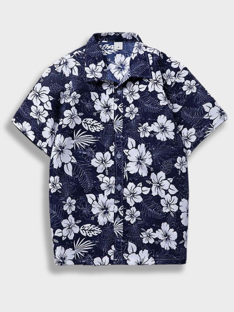 NAVY BLUE FLORAL SHORT-SLEEVE SHIRT URBAN STYLE GRAPHIC T-SHIRT