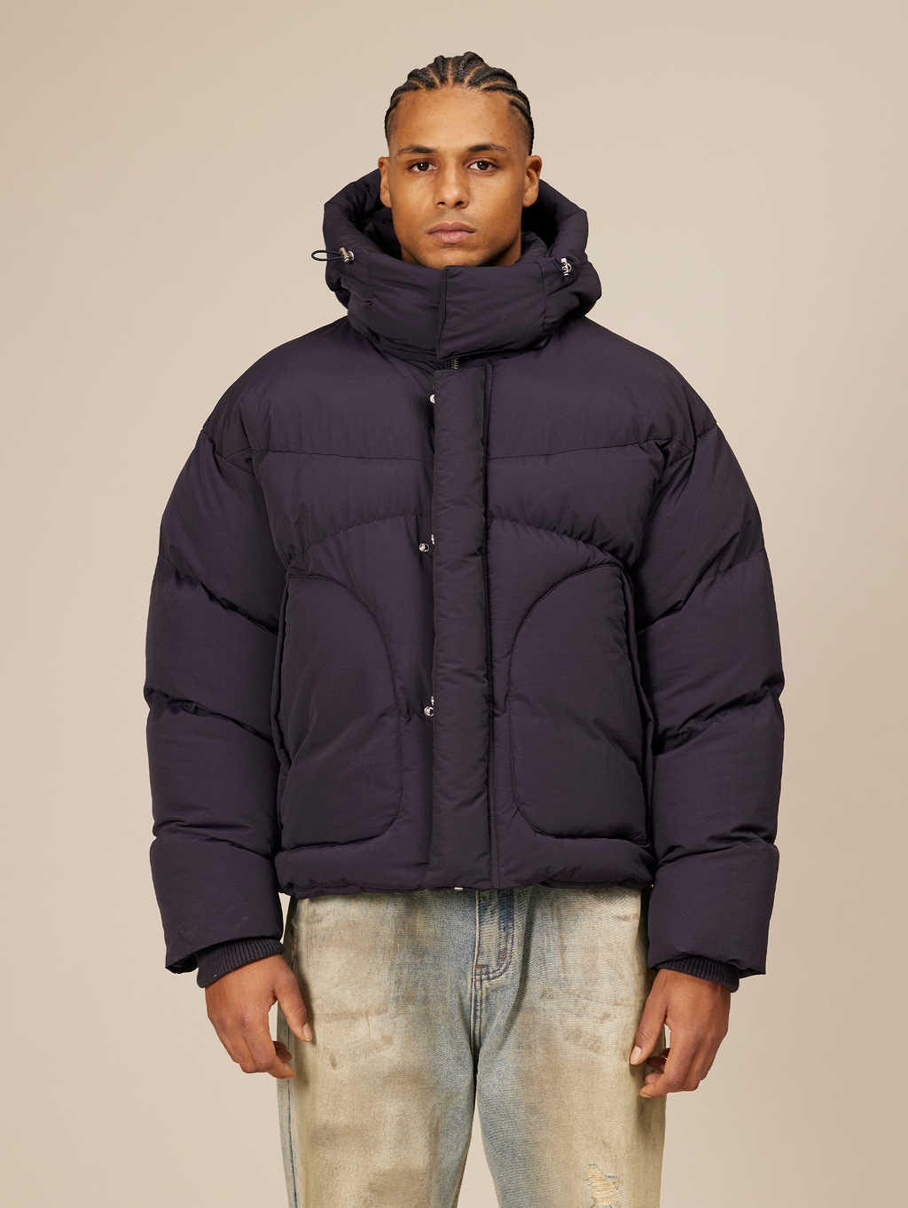 NAVY BLUE HOODED PUFFER JACKET WITH DROPPED SHOULDER DESIGN