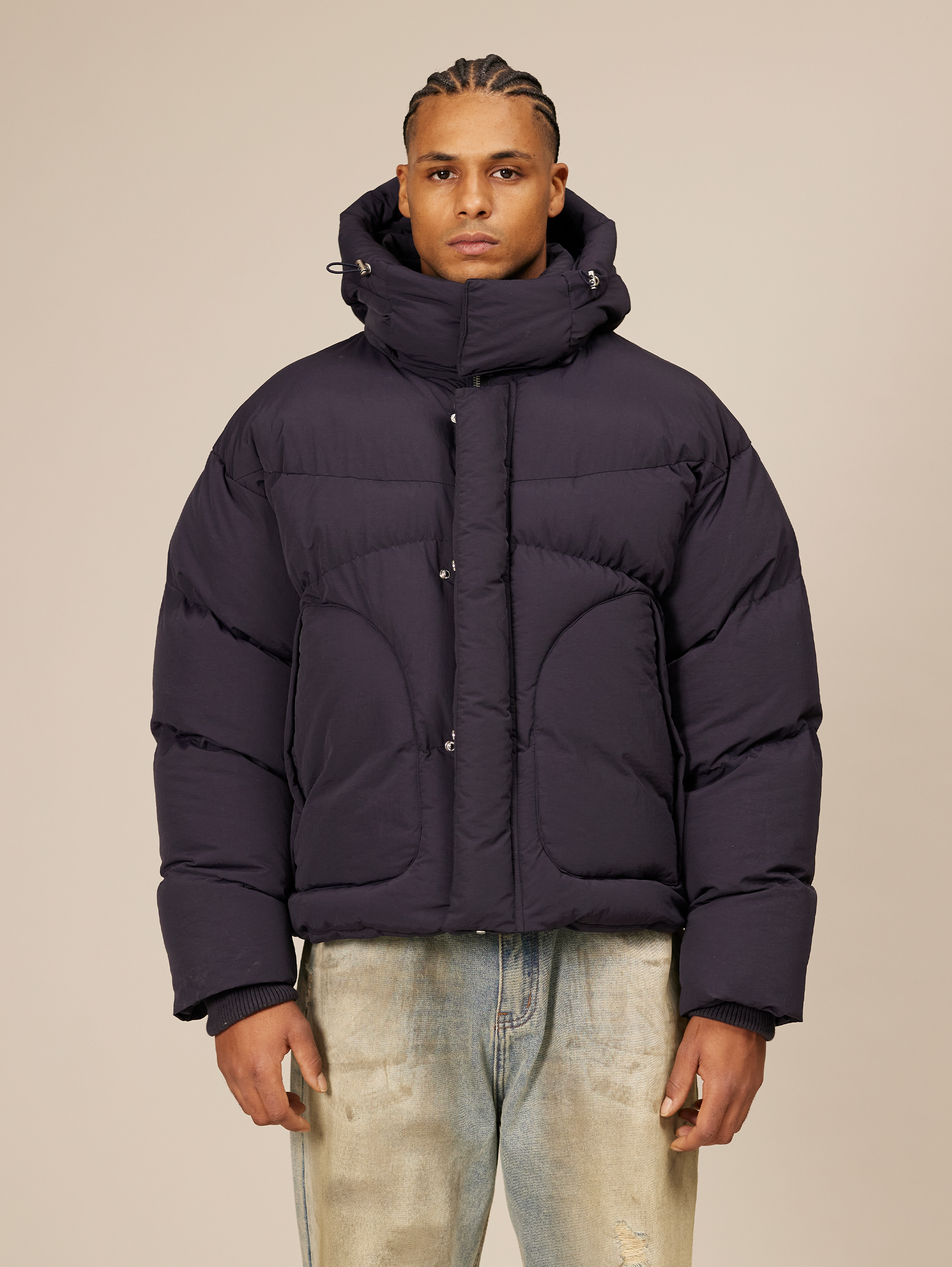 NAVY BLUE HOODED PUFFER JACKET WITH DROPPED SHOULDER DESIGN