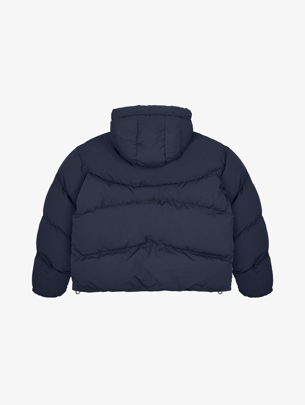NAVY BLUE HOODED PUFFER JACKET WITH DROPPED SHOULDER DESIGN