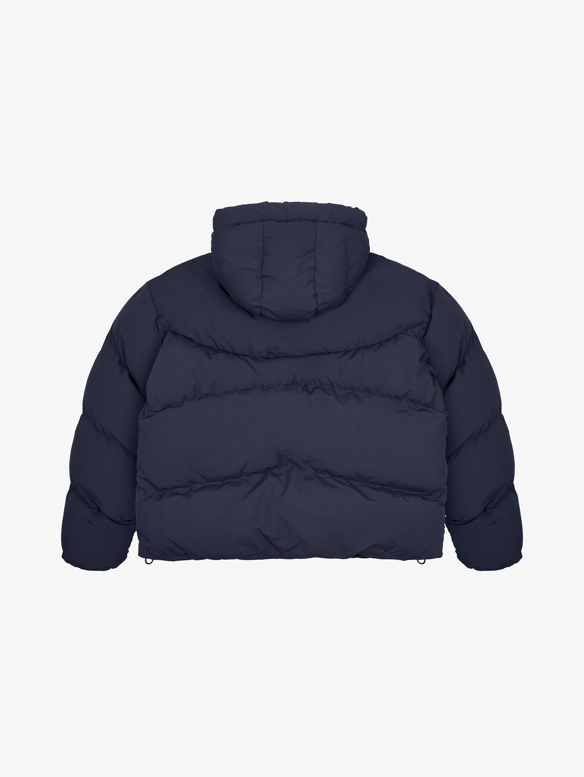 NAVY BLUE HOODED PUFFER JACKET WITH DROPPED SHOULDER DESIGN