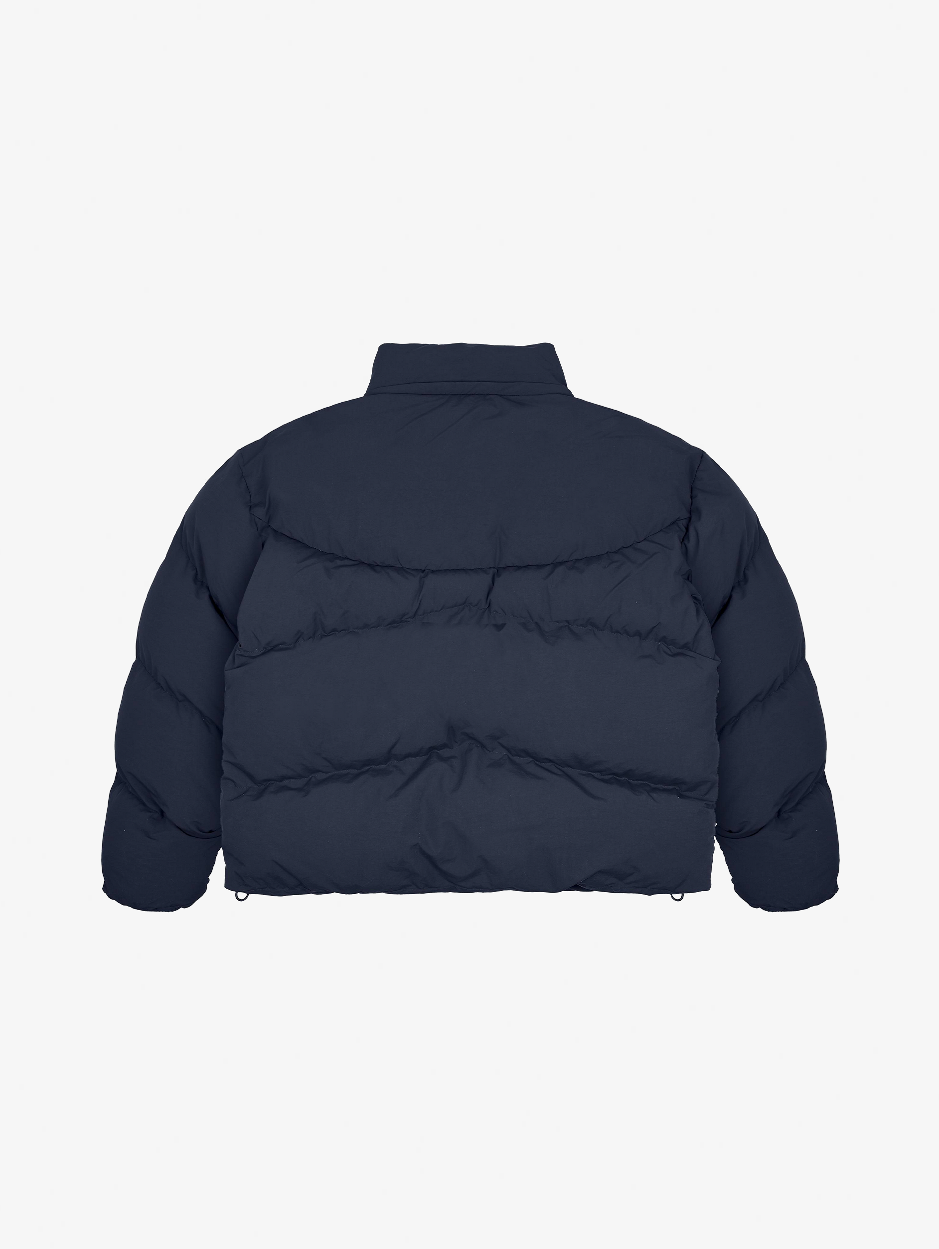 NAVY BLUE HOODED PUFFER JACKET WITH DROPPED SHOULDER DESIGN