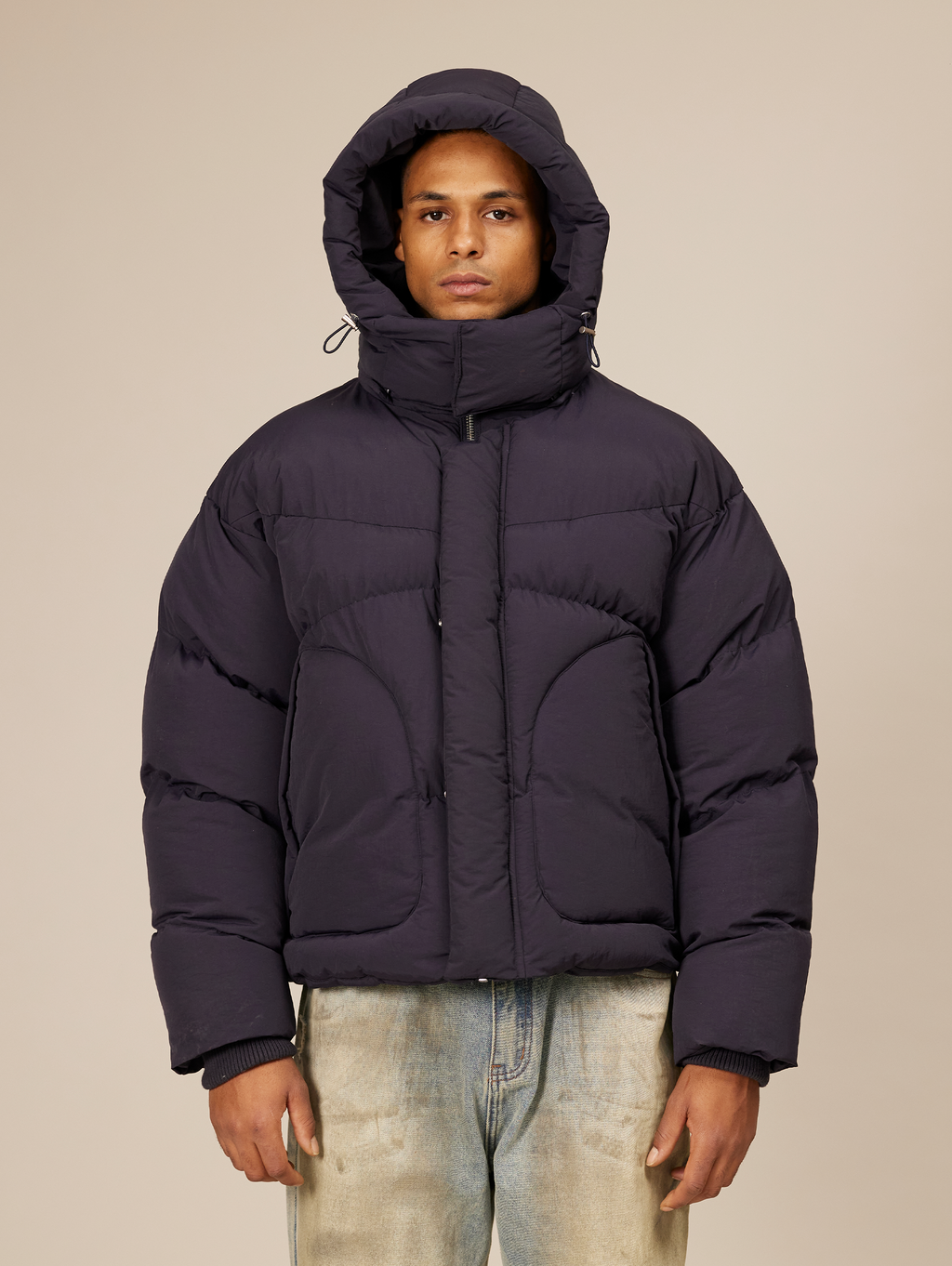 NAVY BLUE HOODED PUFFER JACKET WITH DROPPED SHOULDER DESIGN