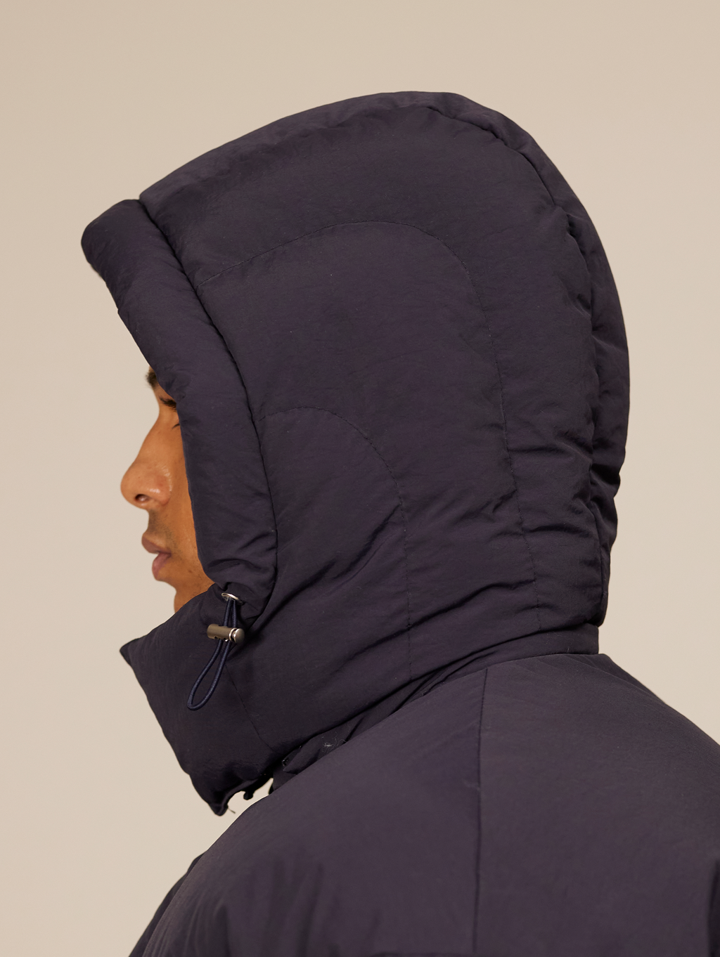 NAVY BLUE HOODED PUFFER JACKET WITH DROPPED SHOULDER DESIGN