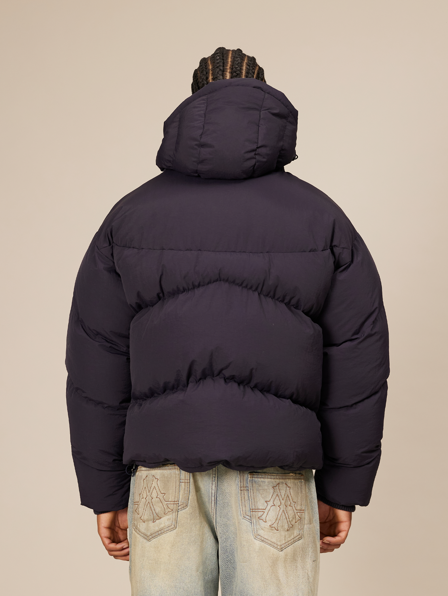 NAVY BLUE HOODED PUFFER JACKET WITH DROPPED SHOULDER DESIGN