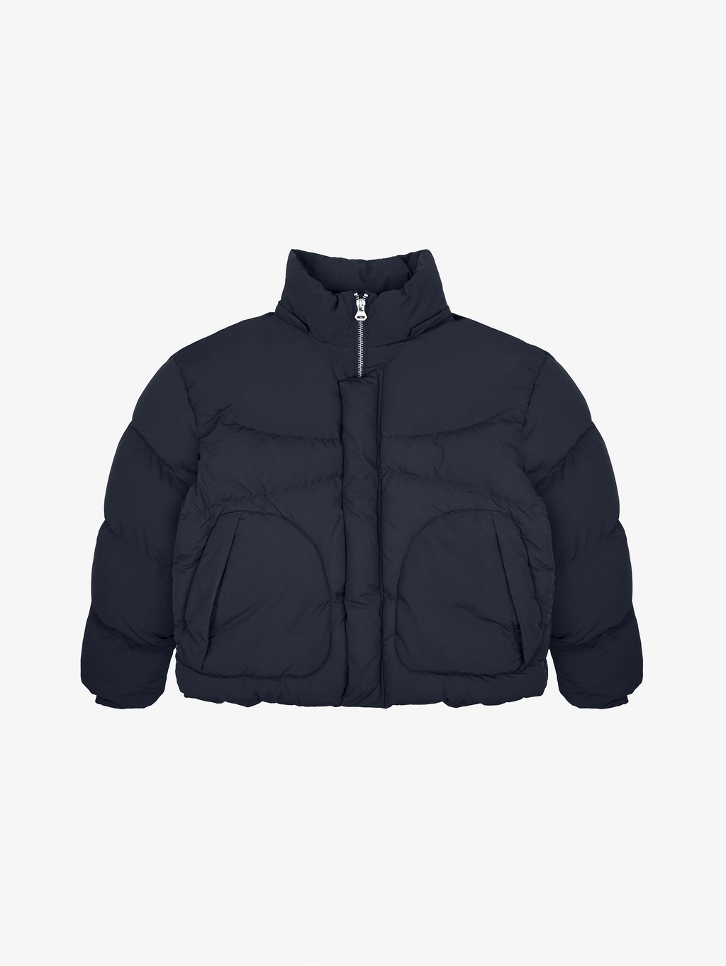 NAVY BLUE HOODED PUFFER JACKET WITH DROPPED SHOULDER DESIGN