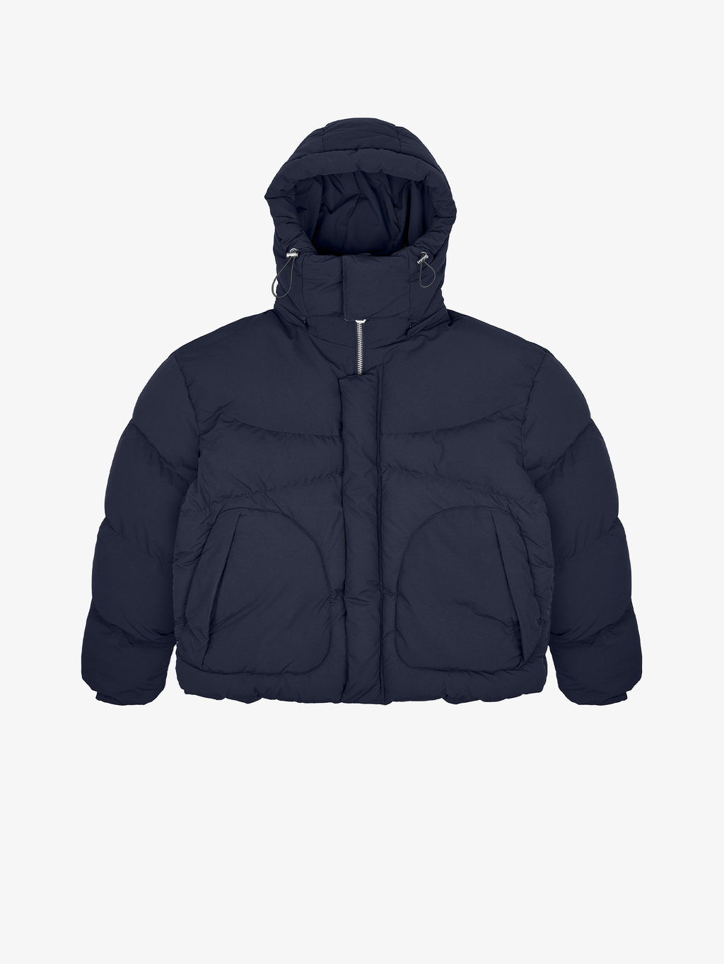 NAVY BLUE HOODED PUFFER JACKET WITH DROPPED SHOULDER DESIGN