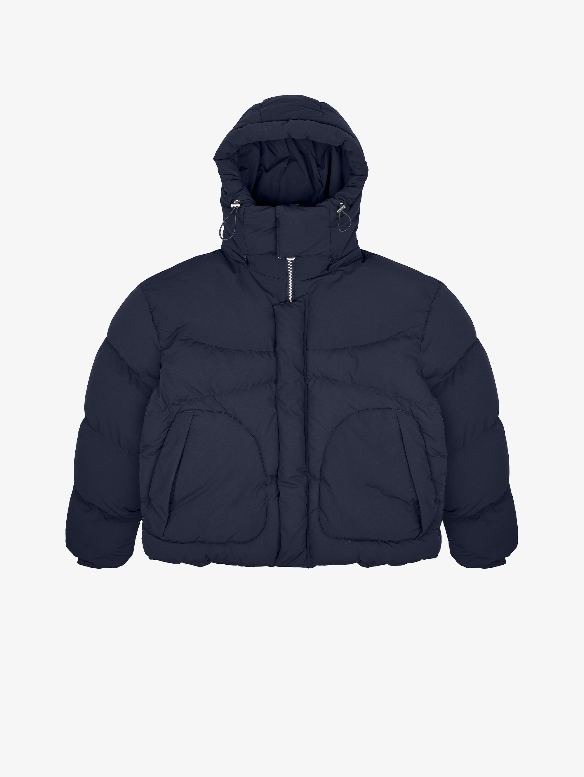 NAVY BLUE HOODED PUFFER JACKET WITH DROPPED SHOULDER DESIGN